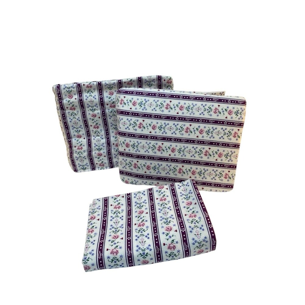 New Vintage LANZ OF SALZBURG 3pc TWIN COTTON FLANNEL Sheet Set Hearts Flowers